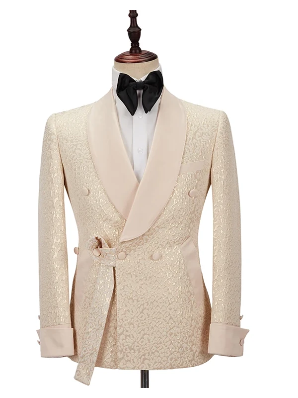 Gentle Burgundy Shawl Lapel Men's Wedding Suit With Jacquard